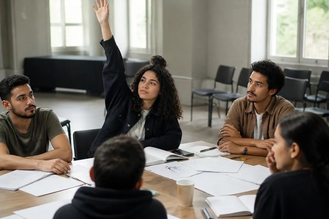 Facilitador em pé apontando para um argumento escrito no quadro durante a sessão