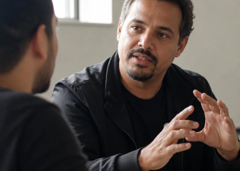 Duas pessoas frente a frente na mesa: uma sustenta a fala, a outra anota o que ouviu